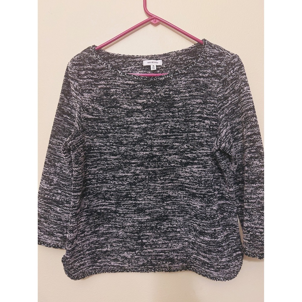 Max Studio‎ Sweater Women Black White Excellent Marled Knit 3/4 Sleeve Tweed